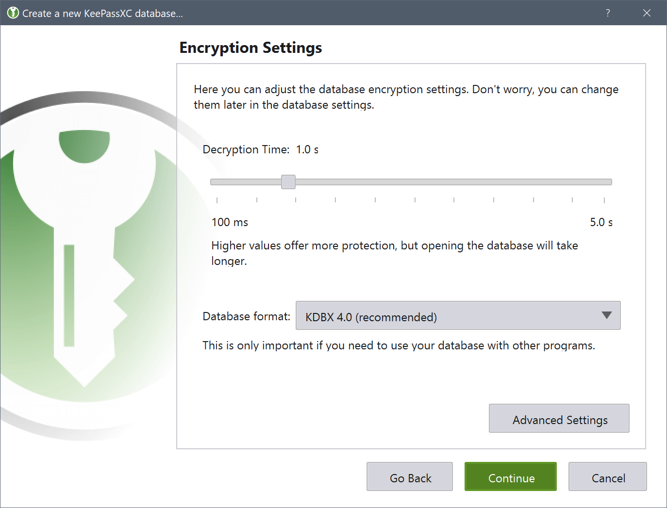 KeePassXC encryption options